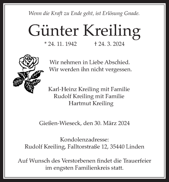Traueranzeige von Günter Kreiling von Giessener Allgemeine, Alsfelder Allgemeine, Giessener Anzeiger