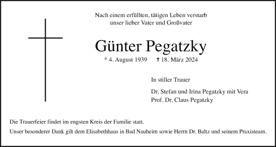 Traueranzeige von Günter Pegatzky von Wetterauer Zeitung