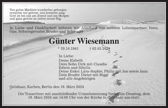 Traueranzeige von Günter Wiesemann von Kreis-Anzeiger
