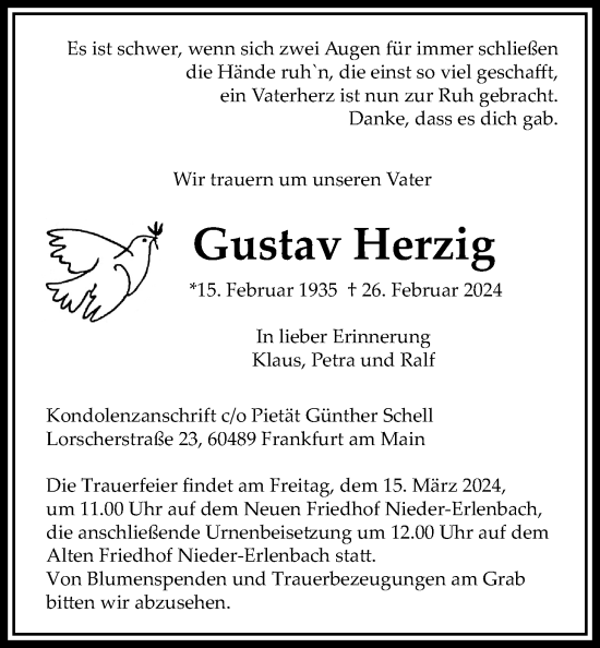 Traueranzeige von Gustav Herzig von Bad Vilbel/Karben