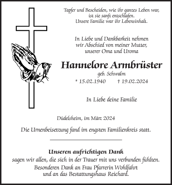 Traueranzeige von Hannelore Armbrüster von Kreis-Anzeiger