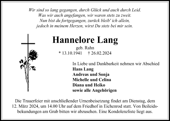 Traueranzeige von Hannelore Lang von Lauterbacher Anzeiger