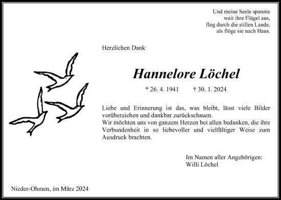 Traueranzeige von Hannelore Löchel von Giessener Allgemeine, Alsfelder Allgemeine