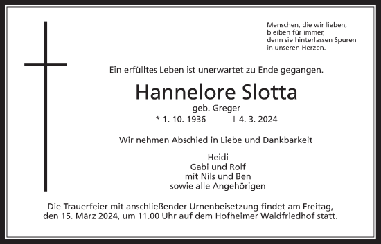 Traueranzeige von Hannelore Slotta 