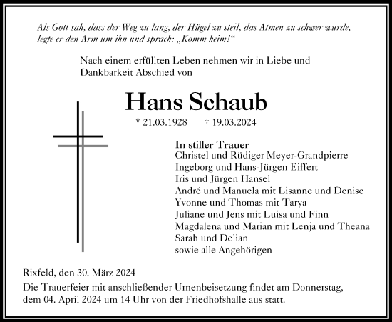 Traueranzeige von Hans Schaub von Lauterbacher Anzeiger