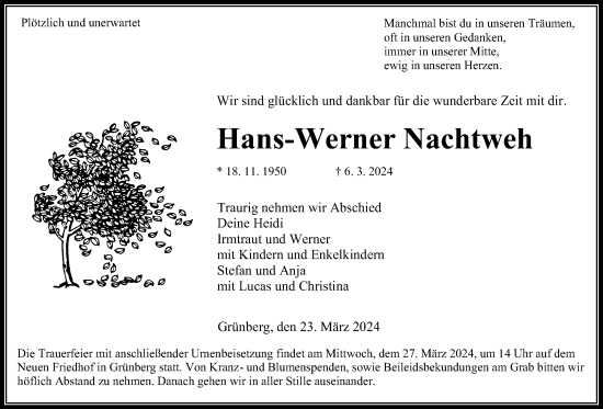 Traueranzeige von Hans-Werner Nachtweh von Giessener Allgemeine, Alsfelder Allgemeine