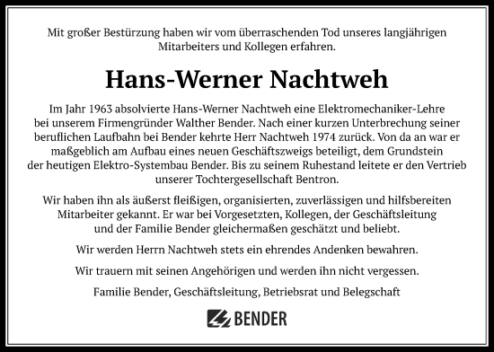 Traueranzeige von Hans-Werner Nachtweh von Giessener Allgemeine, Alsfelder Allgemeine, Giessener Anzeiger