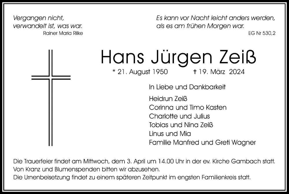  Traueranzeige für Hans Jürgen Zeiß vom 30.03.2024 aus Butzbacher Zeitung