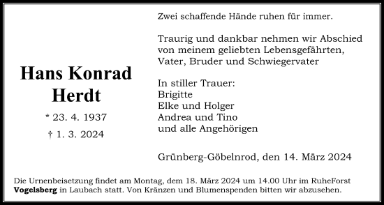 Traueranzeige von Hans Konrad Herdt von Giessener Allgemeine, Alsfelder Allgemeine