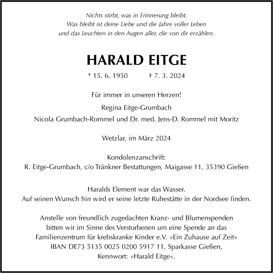 Traueranzeige von Harald Eitge von Giessener Allgemeine, Alsfelder Allgemeine