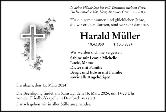 Traueranzeige von Harald Müller von Giessener Anzeiger, Giessener Allgemeine, Alsfelder Allgemeine