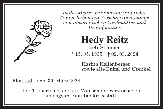 Traueranzeige von Hedy Reitz von Wetterauer Zeitung