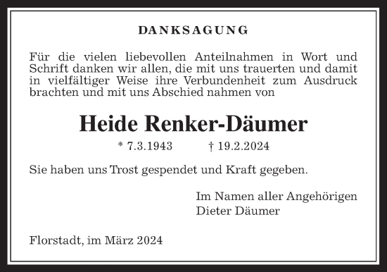 Traueranzeige von Heide Renker-Däumer von Wetterauer Zeitung