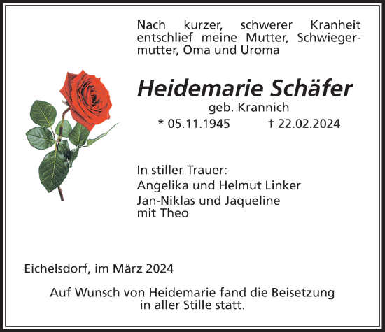 Traueranzeige von Heidemarie Schäfer von Kreis-Anzeiger