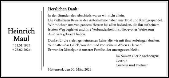 Traueranzeige von Heinrich Maul von Giessener Allgemeine, Alsfelder Allgemeine, Giessener Anzeiger