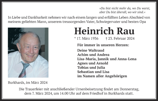 Traueranzeige von Heinrich Rau von Kreis-Anzeiger