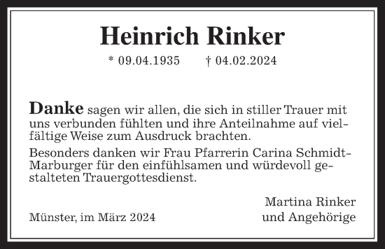 Traueranzeige von Heinrich Rinker von Laubacher Anzeiger, Giessener Allgemeine, Alsfelder Allgemeine