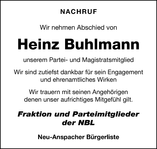 Traueranzeige von Heinz Buhlmann von Usinger Anzeiger