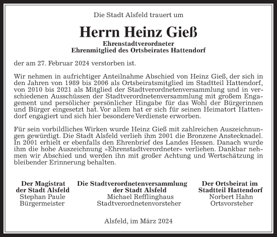 Traueranzeige von Heinz Gieß von Alsfelder Allgemeine, Oberhessische Zeitung