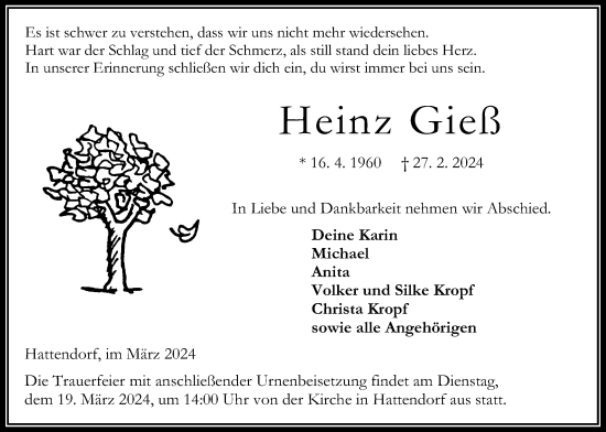 Traueranzeige von Heinz Gieß von Oberhessische Zeitung