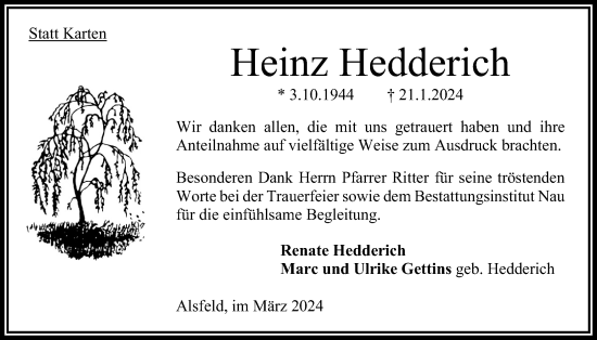 Traueranzeige von Heinz Hedderich von Oberhessische Zeitung