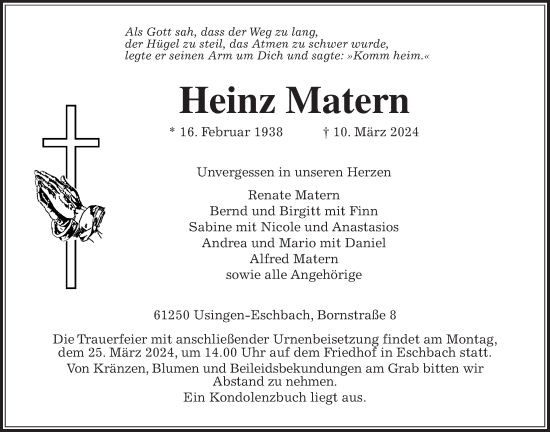 Traueranzeige von Heinz Matern von Usinger Anzeiger