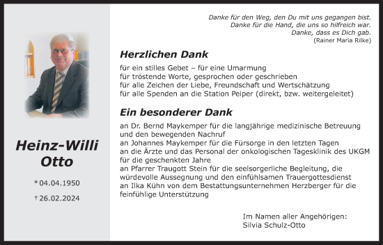 Traueranzeige von Heinz-Willi Otto von Giessener Allgemeine, Alsfelder Allgemeine, Giessener Anzeiger