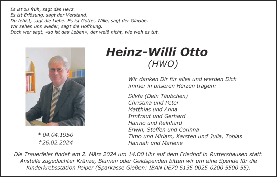 Traueranzeige von Heinz-Willi Otto von Giessener Anzeiger, Giessener Allgemeine, Alsfelder Allgemeine