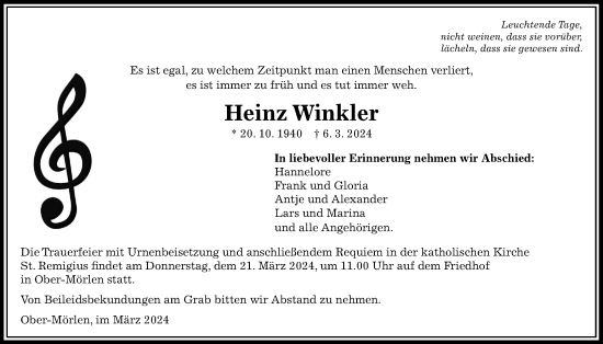 Traueranzeige von Heinz Winkler von Wetterauer Zeitung