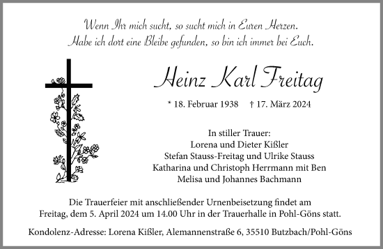 Traueranzeige von Heinz Karl Freitag von Butzbacher Zeitung