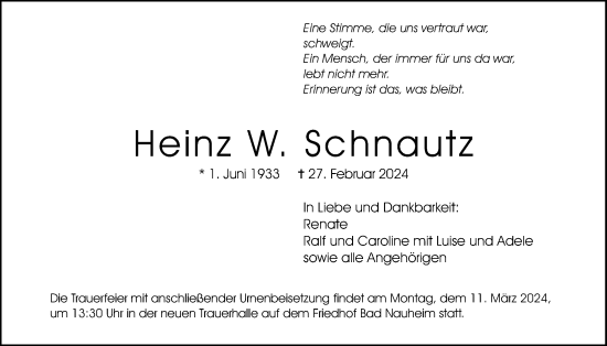 Traueranzeige von Heinz W. Schnautz von Wetterauer Zeitung