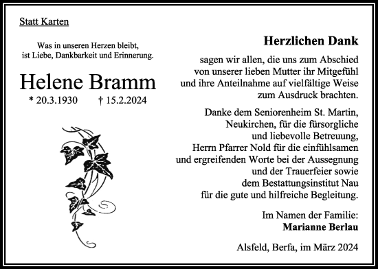Traueranzeige von Helene Bramm von Oberhessische Zeitung