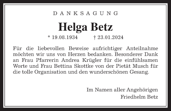 Traueranzeige von Helga Betz von Wetterauer Zeitung