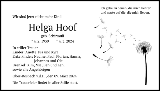 Traueranzeige von Helga Hoof von Wetterauer Zeitung