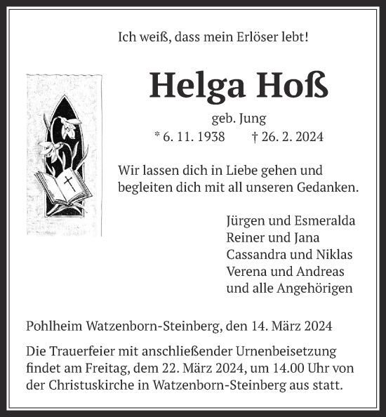 Traueranzeige von Helga Hoß von Pohlheimer Nachrichten