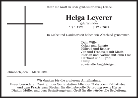 Traueranzeige von Helga Leyerer von Giessener Allgemeine, Alsfelder Allgemeine