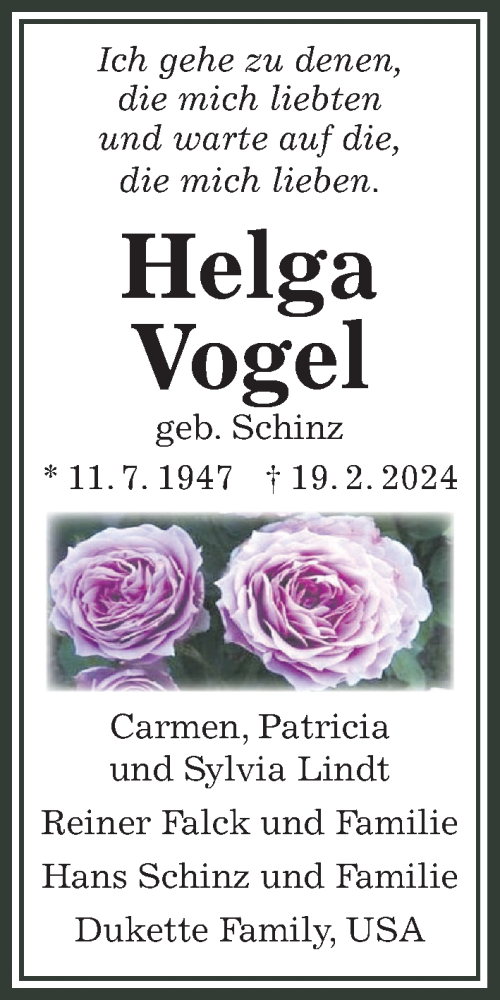 Traueranzeige von Helga Vogel von Wetterauer Zeitung