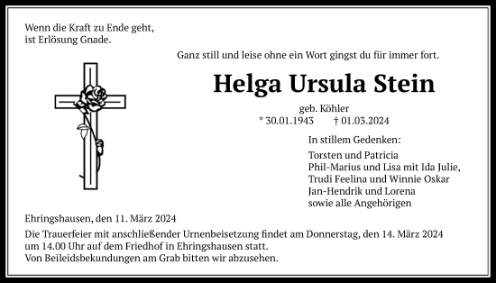 Traueranzeige von Helga Ursula Stein von Oberhessische Zeitung