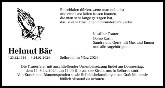Traueranzeige von Helmut Bär von Mücker Stimme, Giessener Allgemeine, Alsfelder Allgemeine