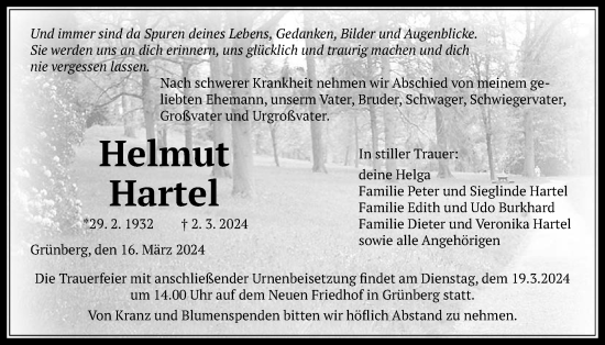 Traueranzeige von Helmut Hartel von Giessener Allgemeine, Alsfelder Allgemeine