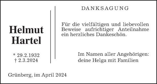 Traueranzeige von Helmut Hartel von Giessener Allgemeine, Alsfelder Allgemeine