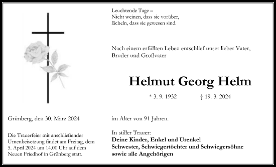 Traueranzeige von Helmut Helm von Giessener Allgemeine, Alsfelder Allgemeine