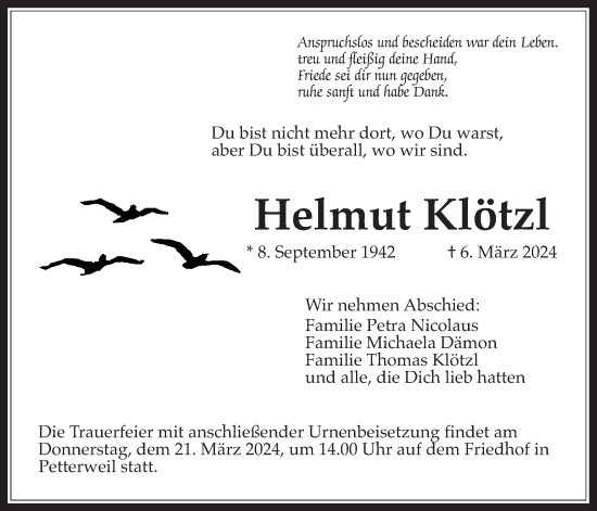 Traueranzeige von Helmut Klötzl von Bad Vilbel/Karben, Wetterauer Zeitung