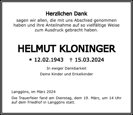Traueranzeige von Helmut Kloninger von Giessener Allgemeine, Alsfelder Allgemeine