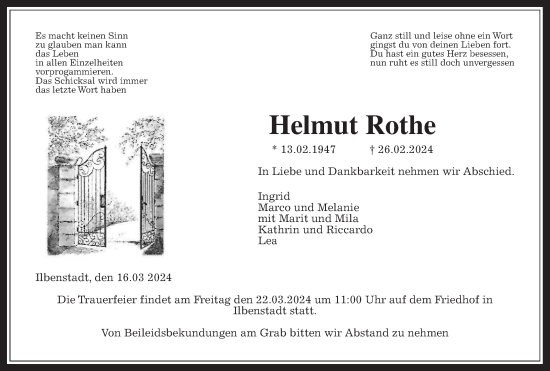 Traueranzeige von Helmut Rothe von Wetterauer Zeitung