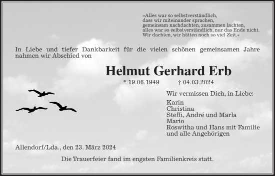Traueranzeige von Helmut Gerhard Erb von Giessener Allgemeine, Alsfelder Allgemeine