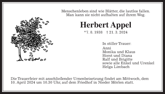 Traueranzeige von Herbert Appel von Wetterauer Zeitung