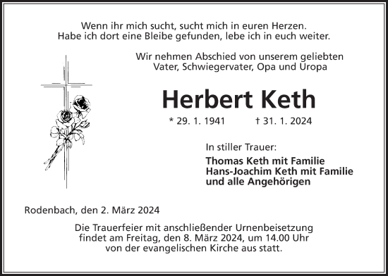 Traueranzeige von Herbert Keth von Kreis-Anzeiger