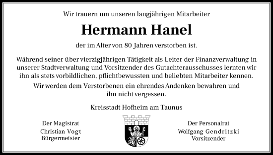 Traueranzeige von Hermann Hanel 