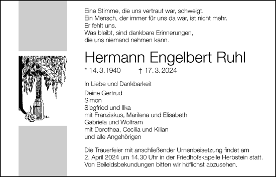 Traueranzeige von Hermann Engelbert Ruhl von Lauterbacher Anzeiger